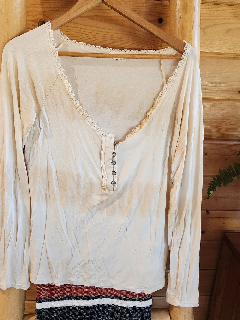 POL Cream Lace-Trimmed Henley Tee